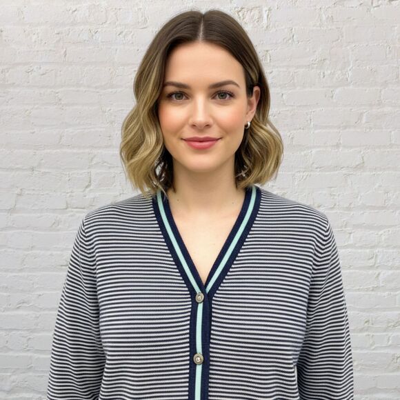 โจ J.Jill Striped Cardigan XL ๐ Black Wool Blend Button Front V-Neck ๐ - Picture 6 of 15